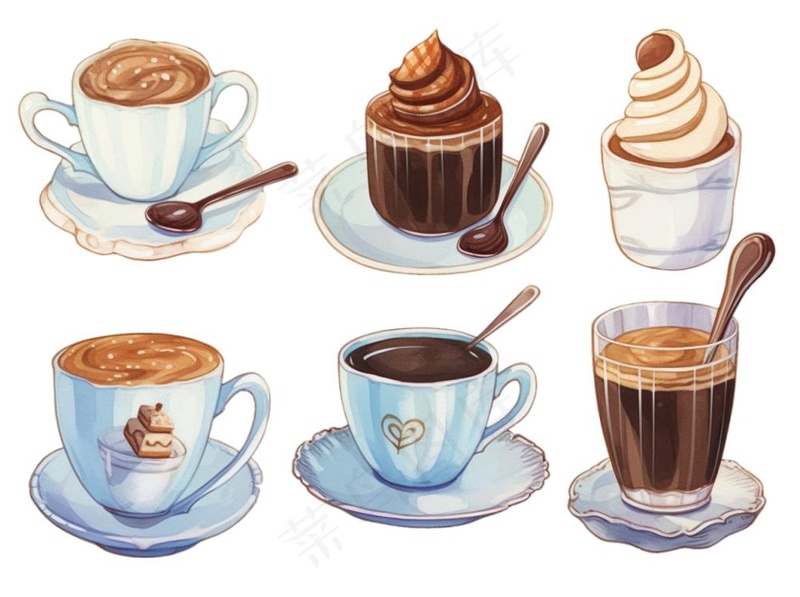 咖啡拿铁甜点下午茶水彩画手绘插画免抠