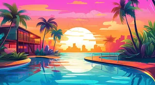 夏日泳池夕阳晚霞椰树摄影图