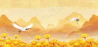 国潮风重阳菊花仙鹤山水场景插画中秋背景