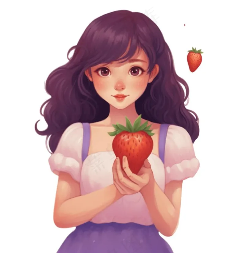 少女拿着草莓紫色衣裙美丽可爱人物卡通插画免抠(1024x1056)