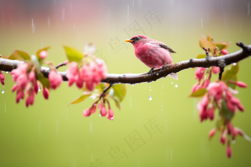 春天谷雨树枝上的小鸟粉色花朵枝条摄影图(4032x2688)