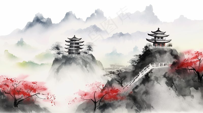 国风山水画河流花草国画水墨画素材背景(4368x2448)