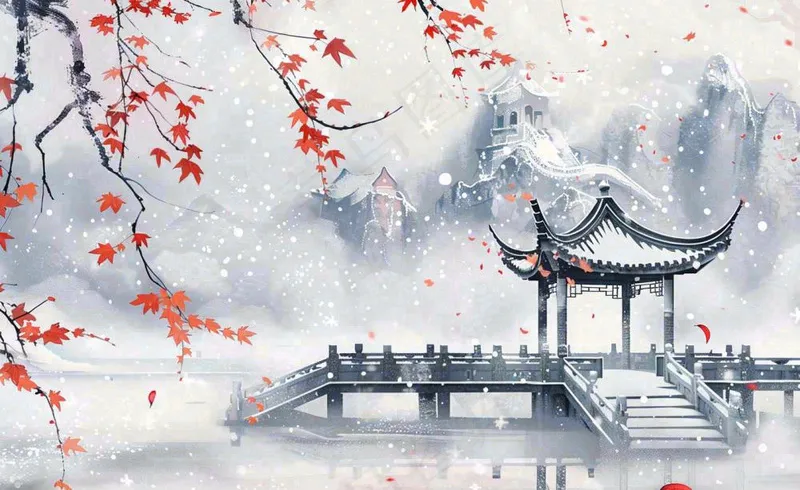 冬天雪景梅花水中凉亭雪花飘落冬至立冬古风小雪大雪手绘水墨国画插画背景(1408x864)