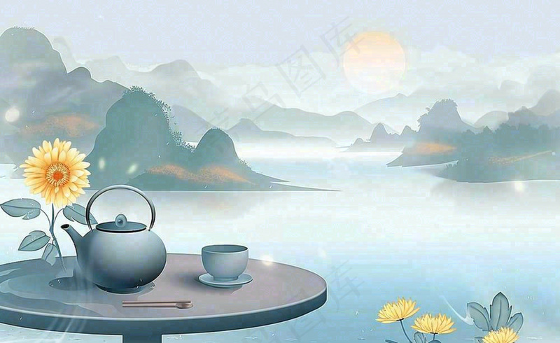 中国山水水墨画菊花饮茶重阳清明寒露插画背景