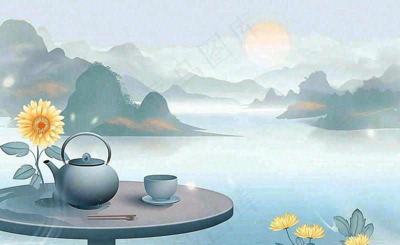 中国山水水墨画菊花饮茶重阳清明寒露插画背景(1408x864)