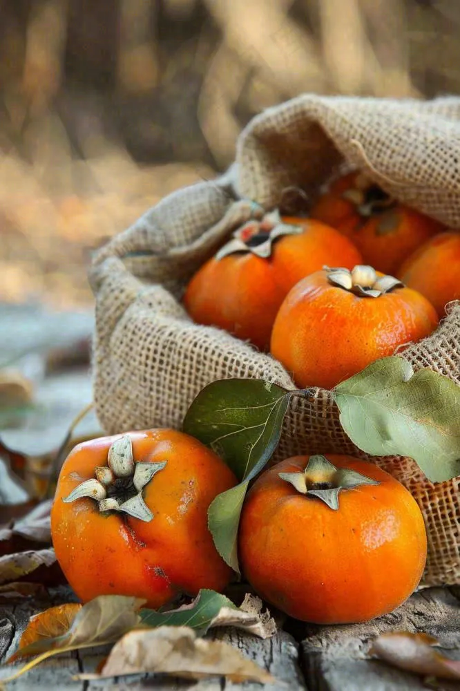 金黄成熟柿子水果秋天丰收秋分立秋摄影图(896x1344)