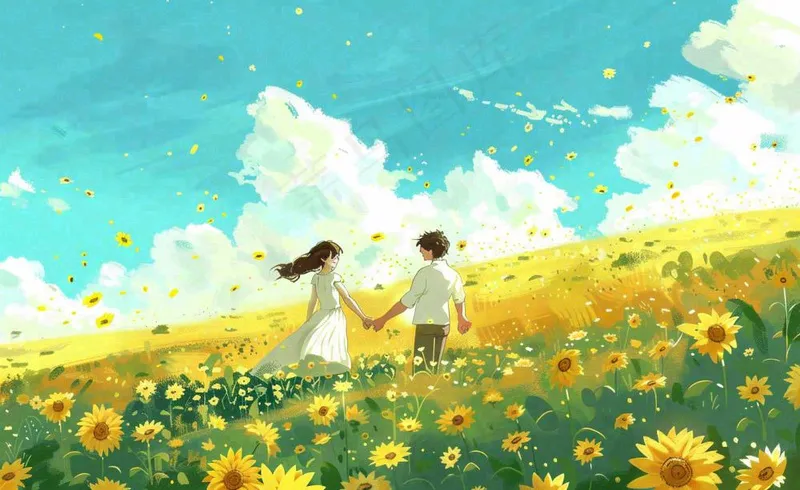 向日葵花海里的情侣恋人浪漫蓝天白云立夏夏至情人卡通插画背景(1408x864)