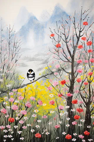 花鸟树枝花草国画水墨画素材背景