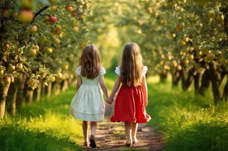 苹果园少女牵手漫步草地小径摄影图