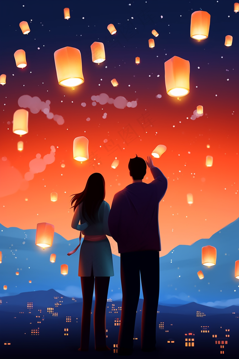 孔明灯祈福点灯情侣卡通插画背景