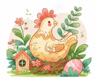 母鸡鸡窝孵鸡蛋植物木屋牲畜动物卡通插画免抠