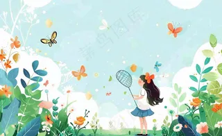 春天女孩在花丛里扑蝴蝶玩耍儿童节踏青春分插画背景