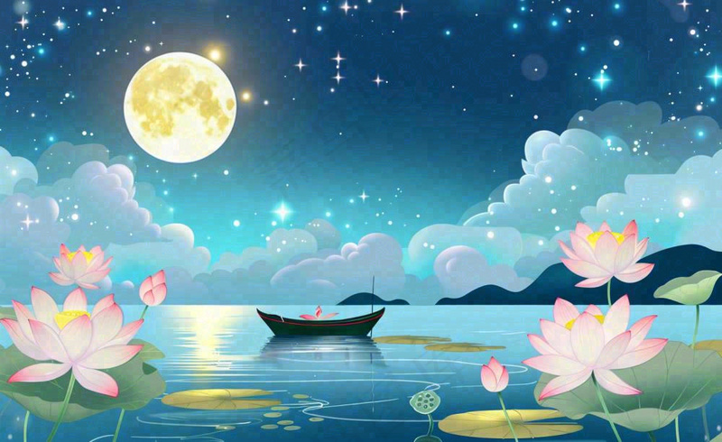 中秋夜晚赏月荷花山水河流中的帆船舟月亮倒映水面中元节寒露插画背景(1408x864)