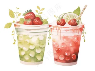 奶茶水果茶下午茶草莓石榴抹茶柠檬冰淇淋卡通插画免抠
