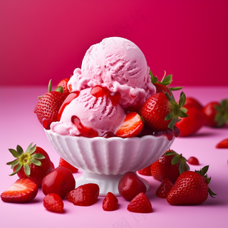 草莓冰淇淋球夏日清凉粉色背景摄影图