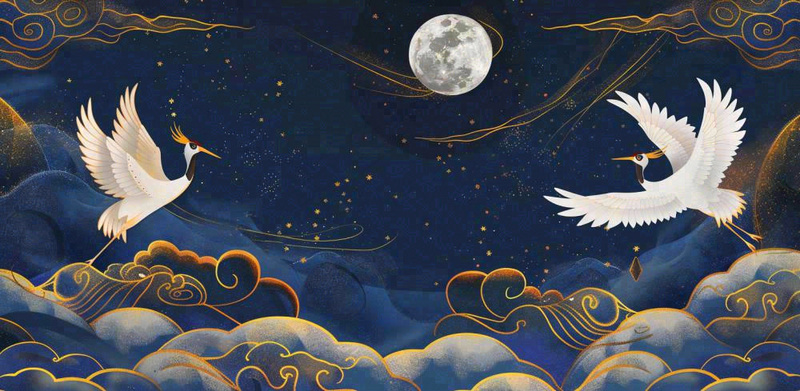 国潮山水中国风手绘祥云仙鹤插画古风唯美山水风景动物蓝金背景