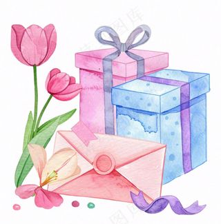 礼物礼盒鲜花郁金香信封水彩画插画免抠