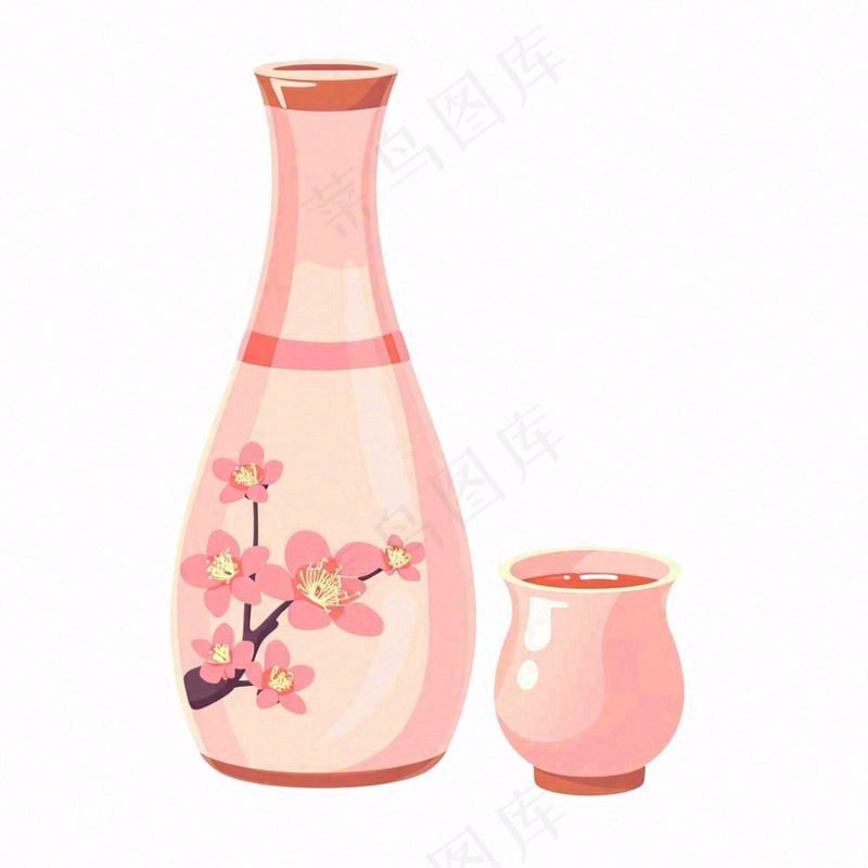 粉色樱花烧酒瓶酒杯水彩插画免抠(1024x1024)