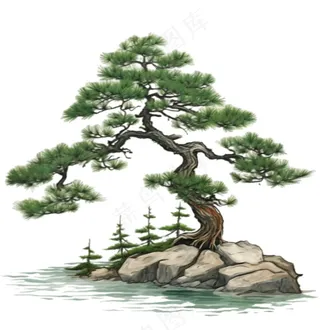 松树石壁上的迎客松古风水墨画插画免抠