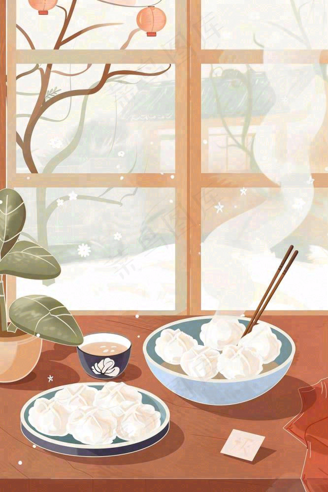 冬至吃饺子中国传统美食节日插画背景(896x1344)