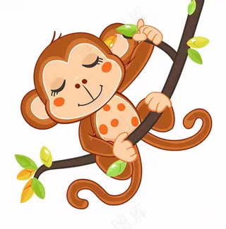 猴子挂着树枝上玩乐动物卡通插画免抠