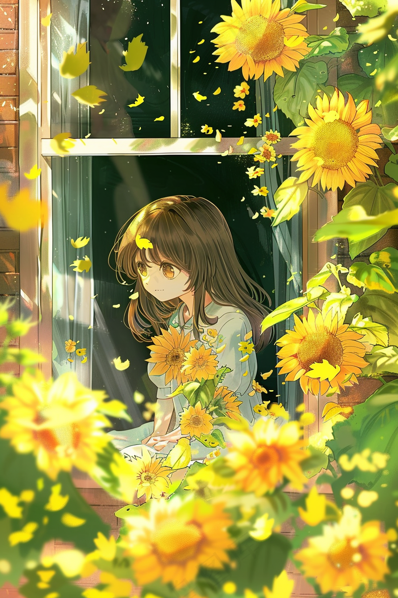 在向日葵花海窗台上沉思的少女插画背景(2688x4032)