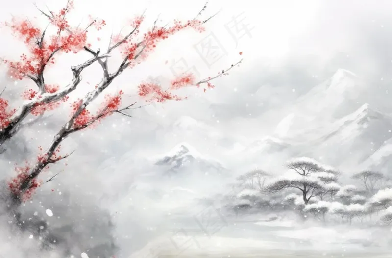 冬季山水梅花山峰水墨画中国风插画背景(1360x896)