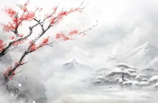 冬季山水梅花山峰水墨画中国风插画背景