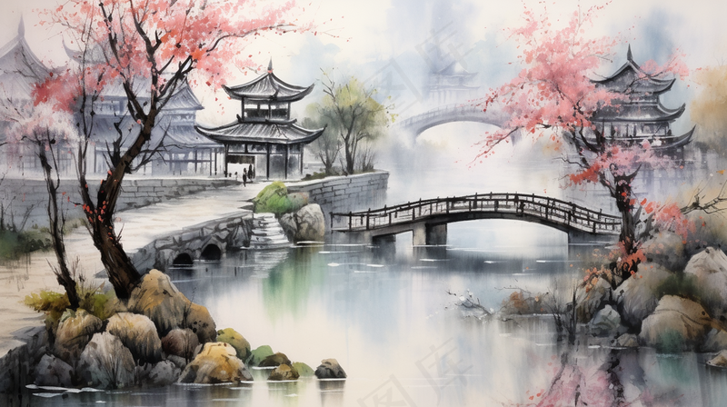 江南小镇小桥流水国画水墨画素材背景