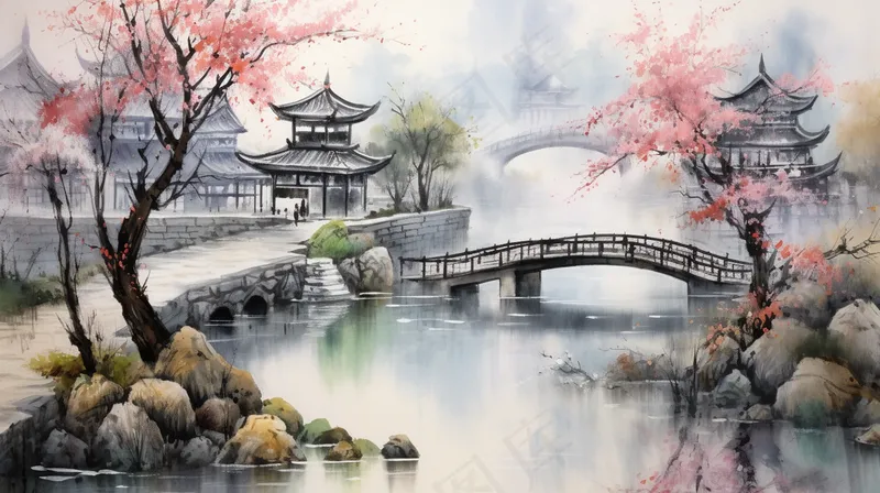 江南小镇小桥流水国画水墨画素材背景(4368x2448)