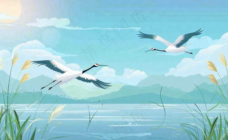白露芦苇山水飞鹤插画蓝色唯美卡通插画背景(1408x864)