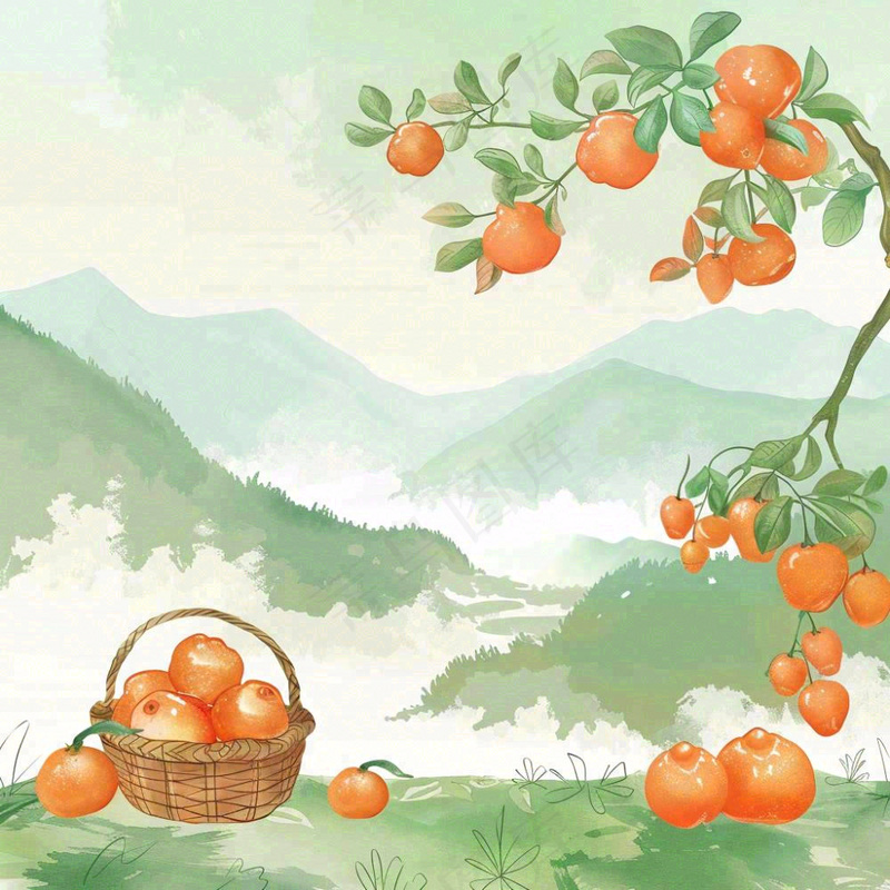 秋天丰收季果树成熟果篮橘子黄杏处暑立秋秋分卡通插画背景(1024x1024)