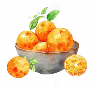 橘子一碗橙子水果水彩画免抠