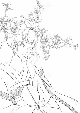 古风线稿丨PPT插画丨手绘线稿丨国风美女002