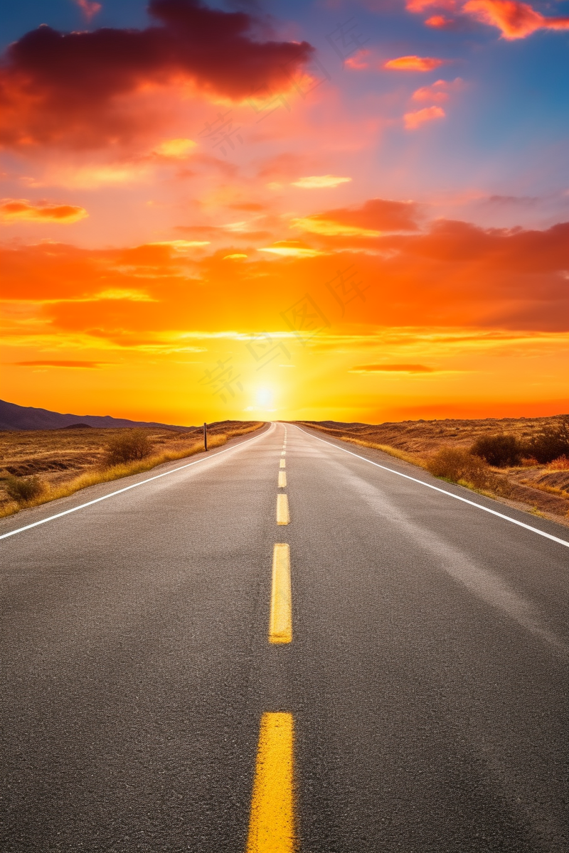 延绵的公路夕阳落日余晖摄影图(2688x4032)