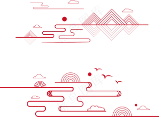 山水波浪祥云中式国风线条19免扣素材