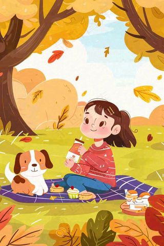 秋天野外露营野餐女孩小狗落叶黄大地立秋秋分插画背景