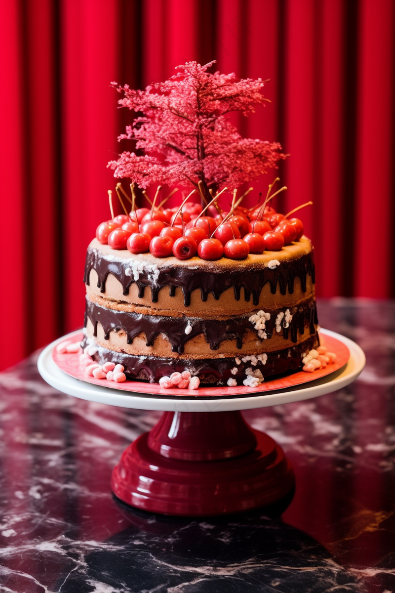 巧克力樱桃蛋糕节日甜点摄影图
