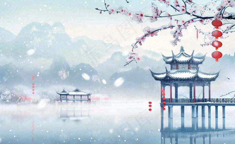 冬天雪景江南风景梅花枝头凉亭红灯笼寒露小雪冬至立冬卡通插画背景