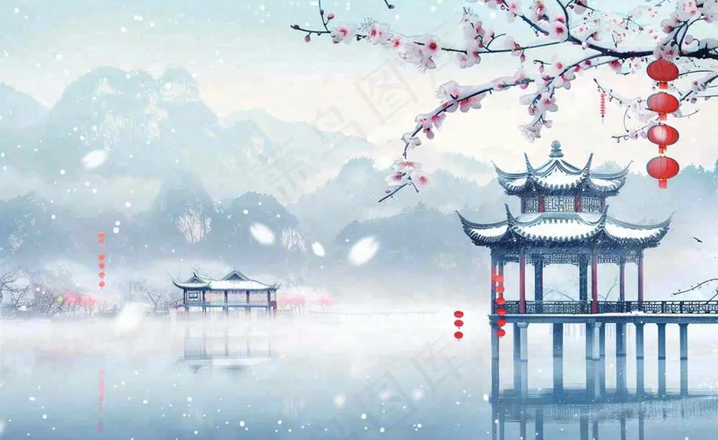 冬天雪景江南风景梅花枝头凉亭红灯笼寒露小雪冬至立冬卡通插画背景(1408x864)