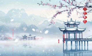 冬天雪景江南风景梅花枝头凉亭红灯笼寒露小雪冬至立冬卡通插画背景