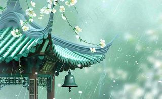 古风手绘雨插画下雨天的屋檐谷雨雨水插画背景