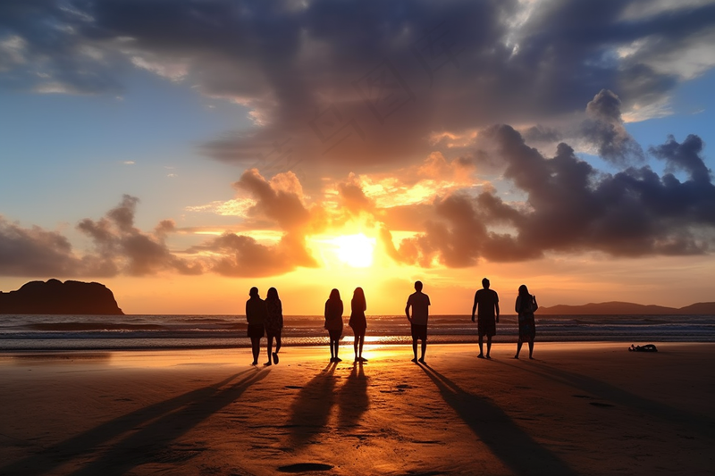 a group of people standing on top of a sandy beach, a picture by Tom Wänerstrand, pixabay, fine art, on the beach during sunset, at beach at sunset, during sunset 