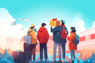 中国传统节日春节除夕春运赶火车回家团聚的人物插画海报背景