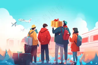 中国传统节日春节除夕春运赶火车回家团聚的人物插画海报背景