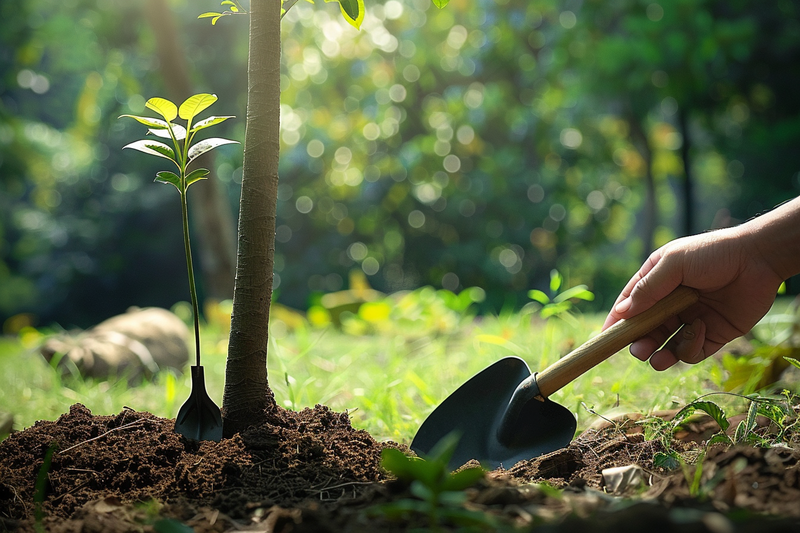 a person holding a shovel next to a small plant, a picture by Dan Content, shutterstock, environmental art, touching tree in a forest, the tree is growing on a meadow, tree and plants 