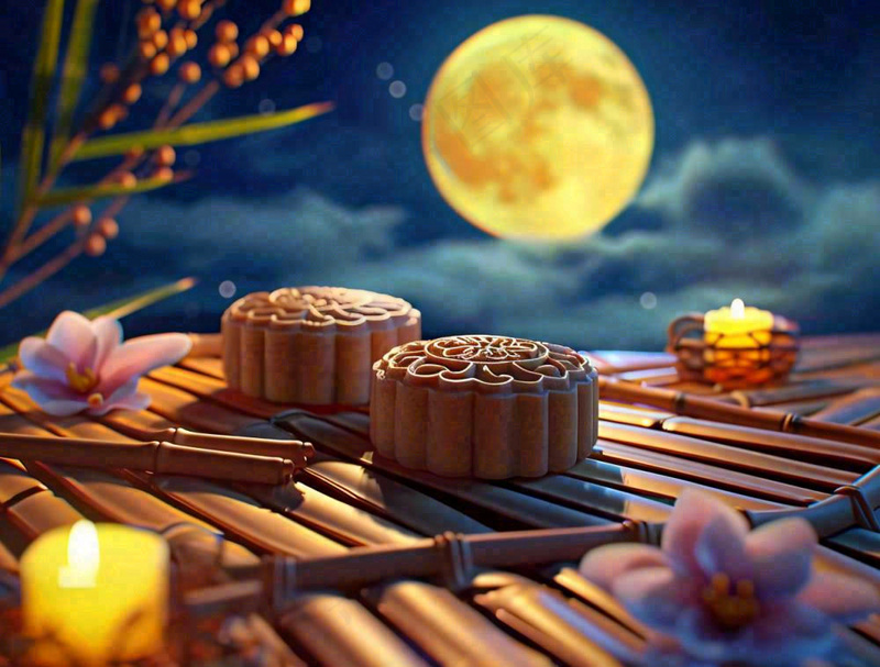夜色下的中国传统月饼圆圆的中秋月亮中国传统节日糕点摄影图