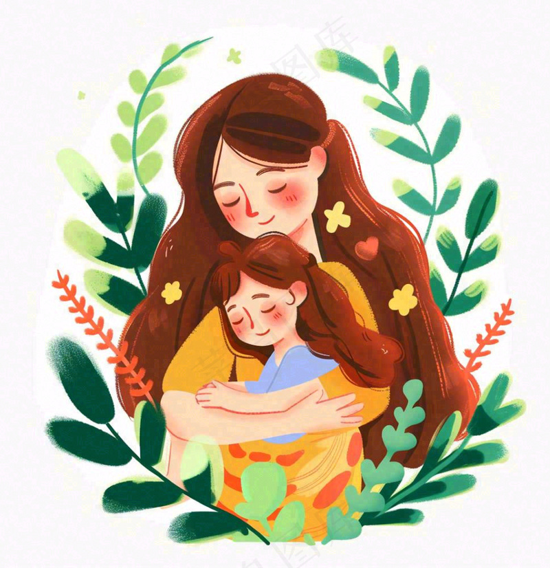 妈妈抱着孩子母亲花草环抱亲情卡通插画免抠(1024x1056)