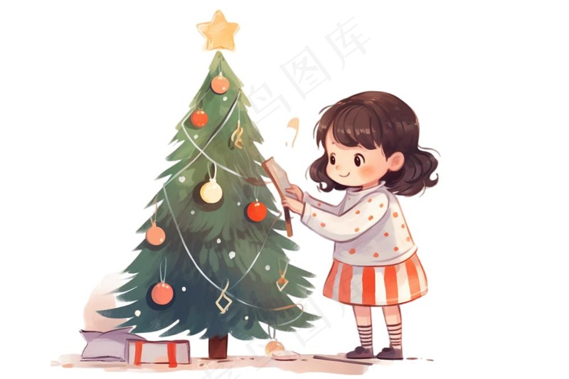 女孩装饰圣诞树可爱卡通插画免抠(1344x896)
