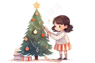 女孩装饰圣诞树可爱卡通插画免抠